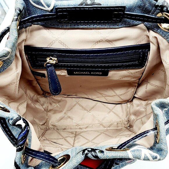 Michael Kors Beacon Backpack Bag Blue Denim Embellished Drawstring Hippie Love - Picture 11 of 16